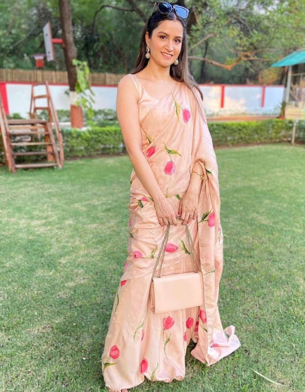 Peach Malai Silk Printed Partywear Saree