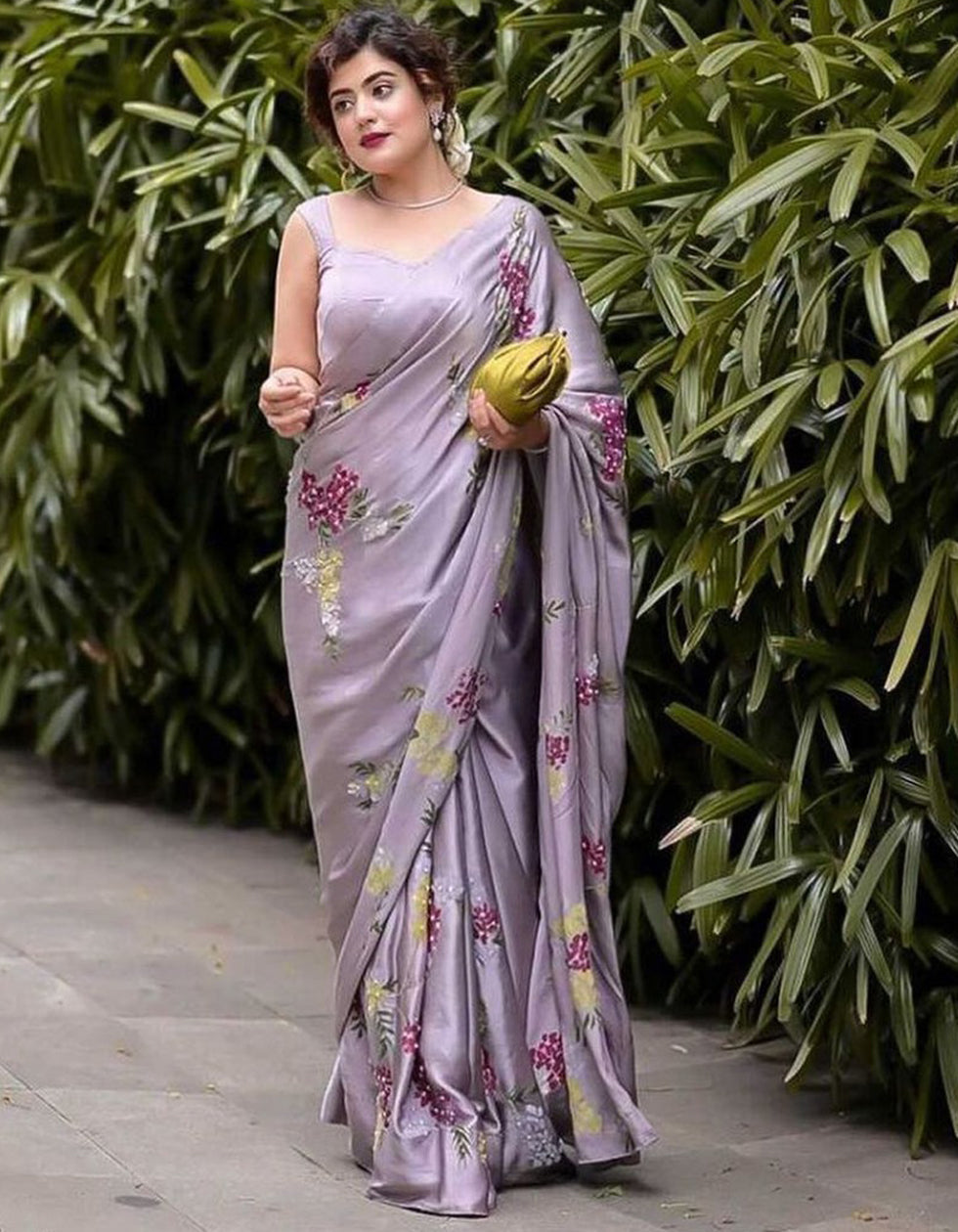 Purple Malai Silk Printed Partywear Saree