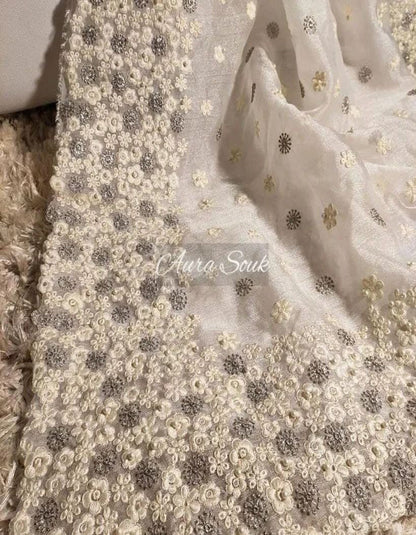 White Organza Silk Thread Work Saree