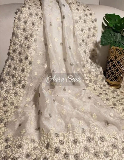 White Organza Silk Thread Work Saree