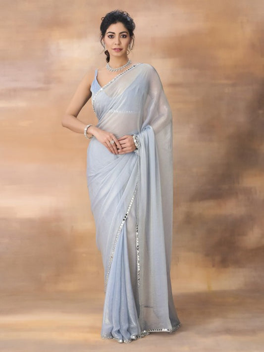 Sea Blue Tissue Saree With Mirror Work And Unstitched Blouse Piece