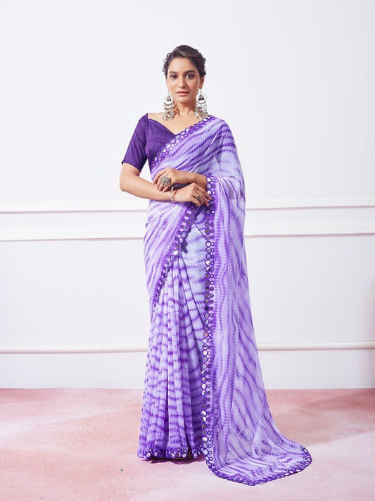 Purple Tie and Dye Mirror Work Pure Georgette Saree