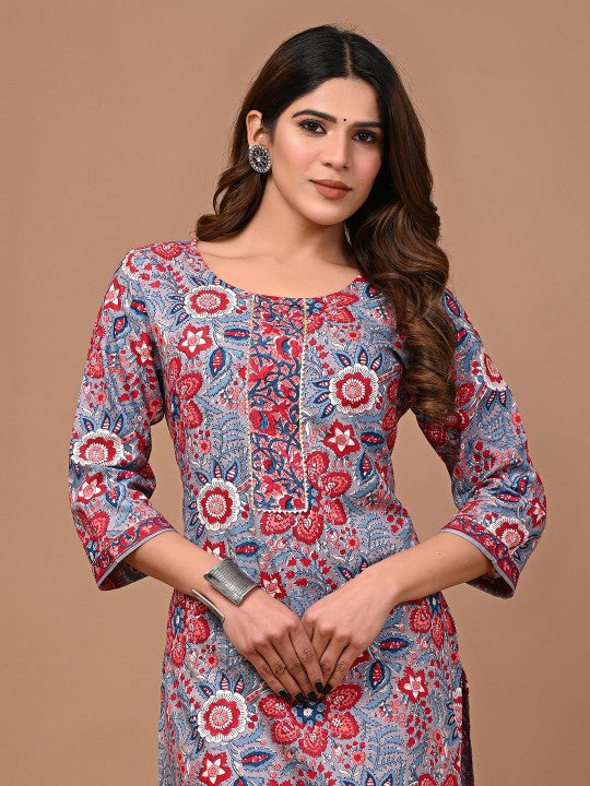 Floral Printed Round Neck Straight Kurta