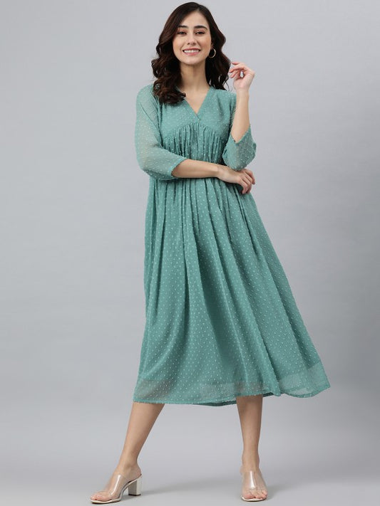 Women Green Poly Chiffon Self Design Flared Dress