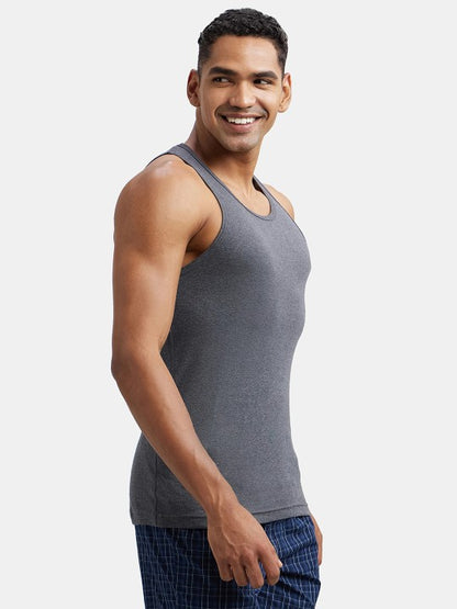 Men Combed Cotton Rib Round Neck Vest with Extended Length for Easy