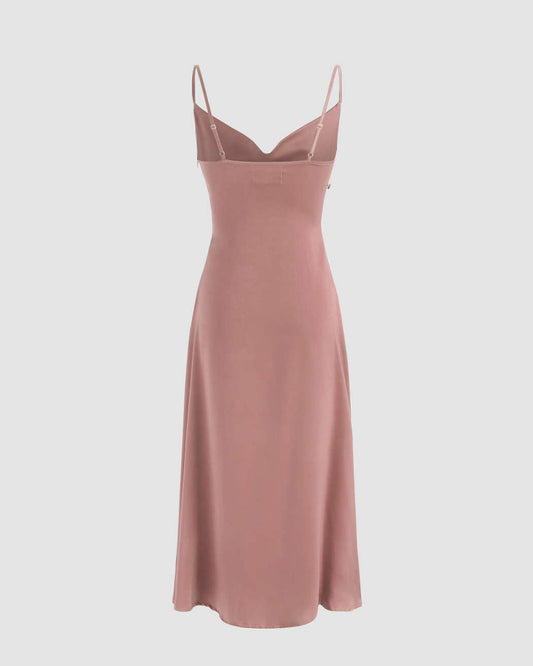 Solid Cowl Neck Slit Midi Dress in Peach