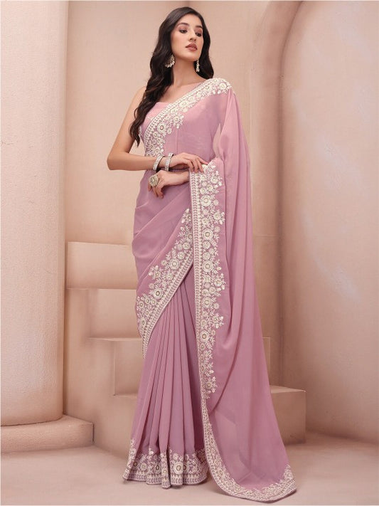 Light Pink Georgette Sequin Work Partywear Saree with Blouse