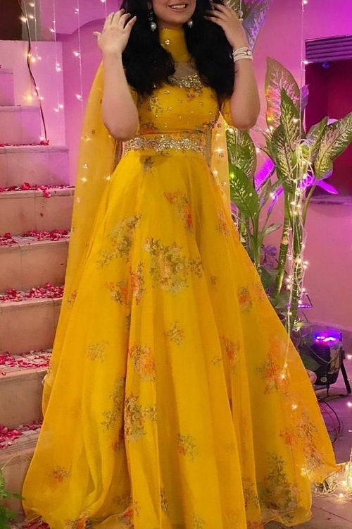 Haldi Wear Yellow Plain Gown With Beautiful Work Koti