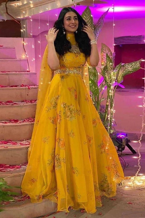 Haldi Wear Yellow Plain Gown With Beautiful Work Koti