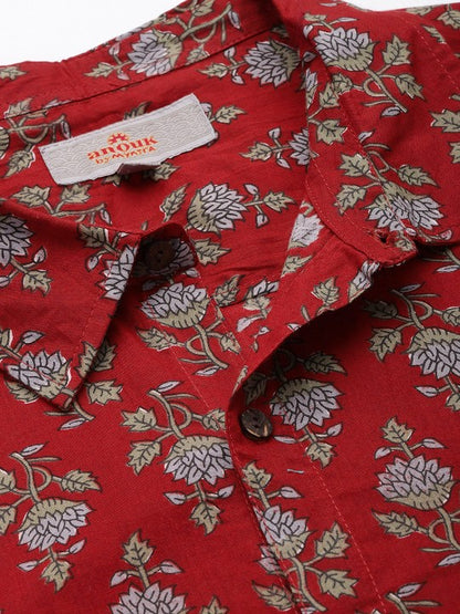 Men Red & Grey Floral Printed Pure Cotton Casual Shirt