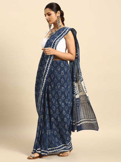 Ethnic Motifs Pure Cotton Block Print Indigo Saree