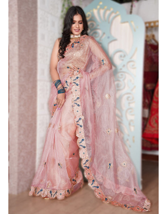 Peach Organza Saree With Designer Blouse