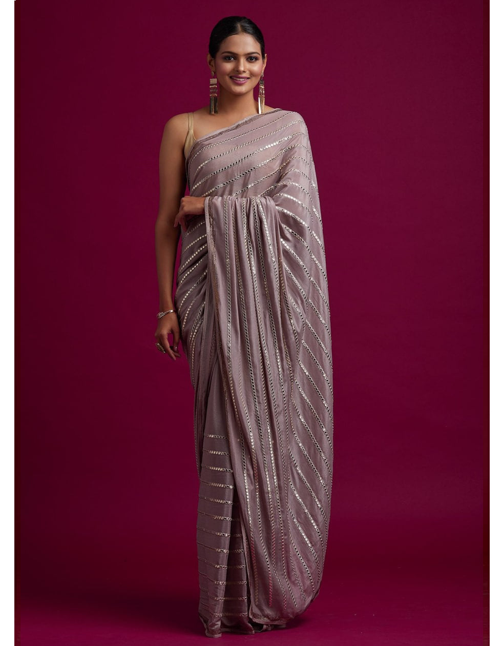 Grey Chinon Silk Saree