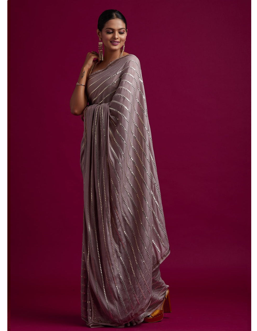 Grey Chinon Silk Saree