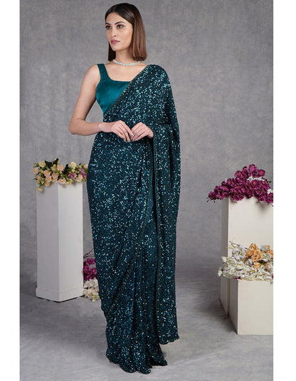 Turquoise Sequin Partywear Saree With Blouse