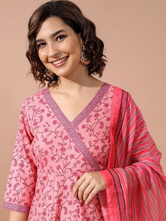 Pink Ethnic Motifs Printed Angrakha Kurta With Trousers & Dupatta