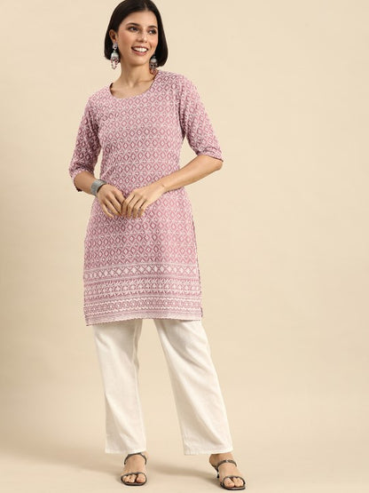 Women Pink & White Pure Cotton Embroidered Chikankari Kurta