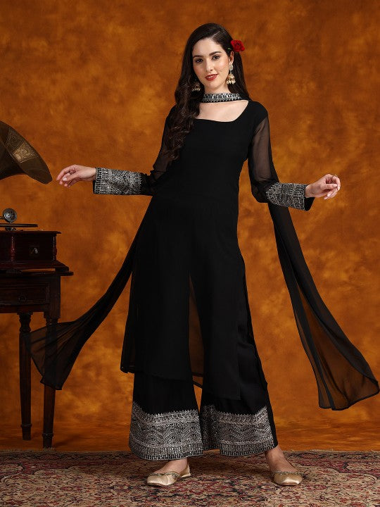 Embroidery Georgette Kurta Palazzo With Dupatta Set