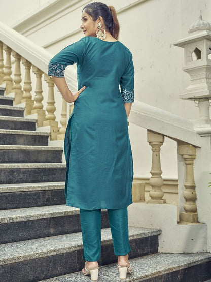 Floral Embroidered Straight Kurta with Trousers & Dupatta