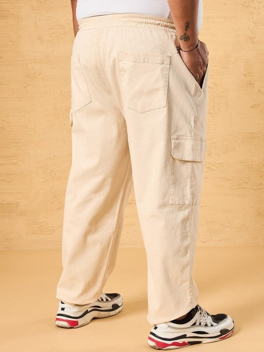 Beige Plus Size Men Mid-Rise Cotton Cargo Carpenter Trousers