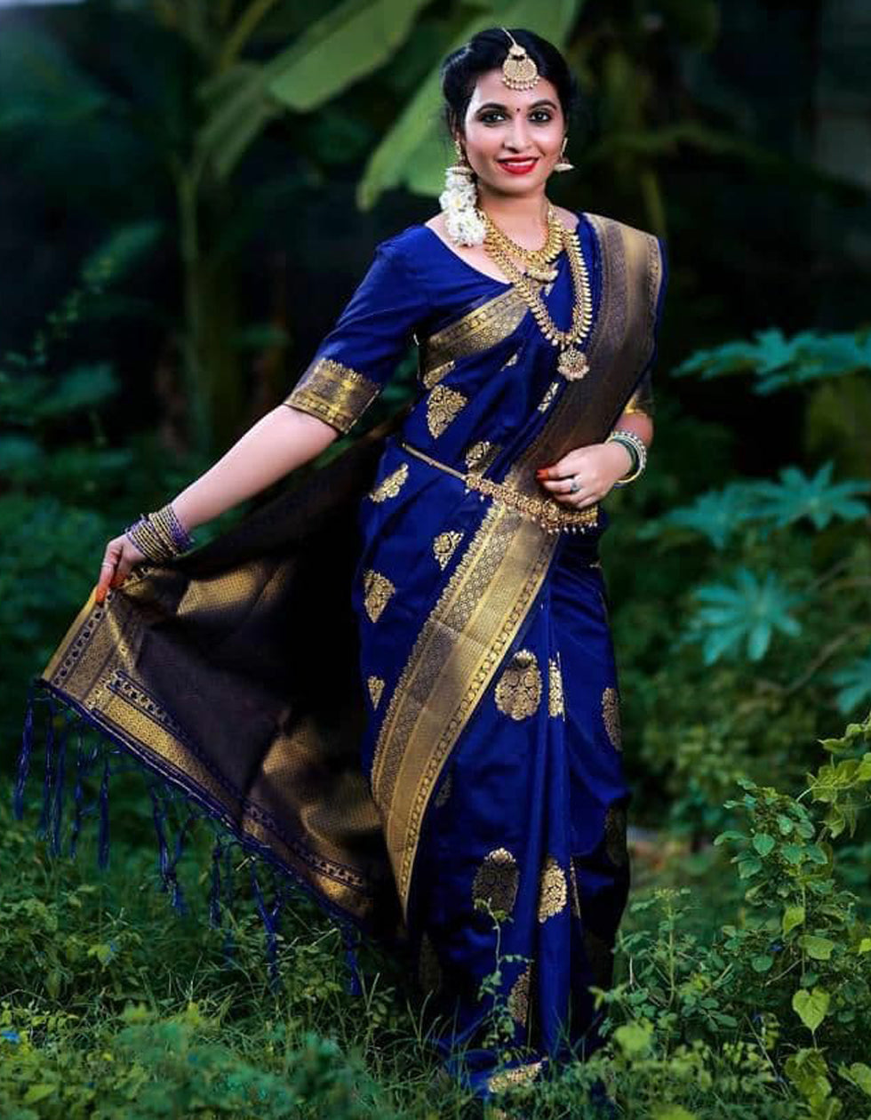 Blue Soft Lichi Silk Wedding Wear Saree With Heavy Border