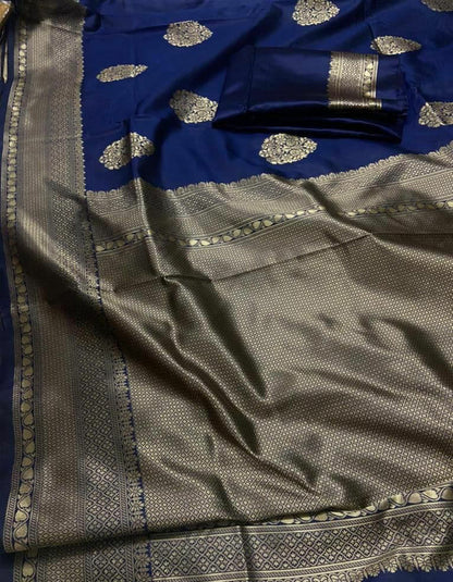 Blue Soft Lichi Silk Wedding Wear Saree With Heavy Border