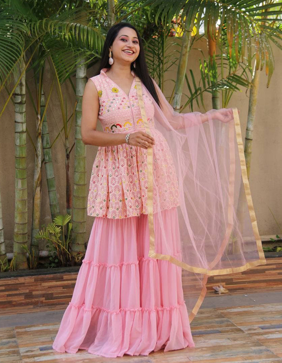 Light Pink Georgette Embroidery Sharara Suit