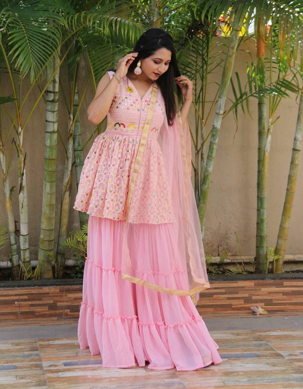 Light Pink Georgette Embroidery Sharara Suit