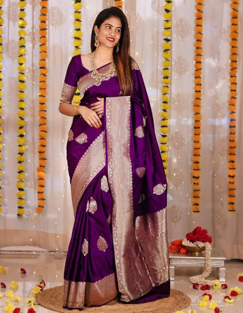 Wine Lichi Silk Jacquard Work Saree With Heavy Border