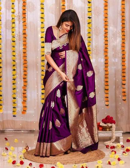 Wine Lichi Silk Jacquard Work Saree With Heavy Border