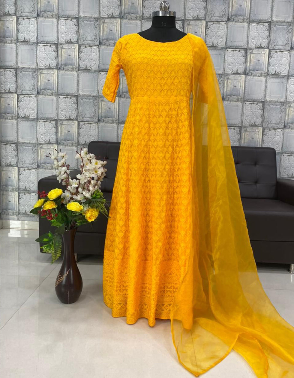 Yellow Embroidery Cotton Embroidery Wedding Wear Anarkali Suit