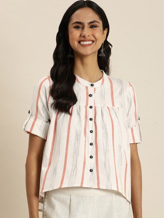 Striped Roll-Up Sleeves Cotton Shirt Style Top