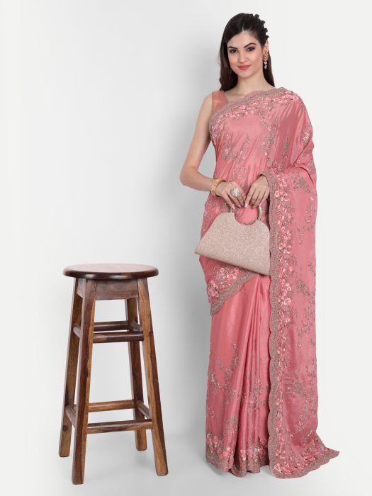 FLORAL EMBROIDERED PURE CREPE SAREE