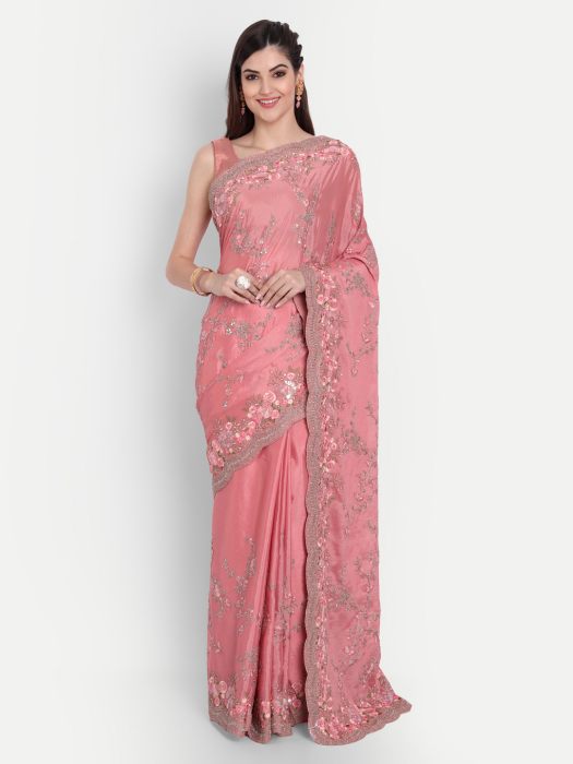 FLORAL EMBROIDERED PURE CREPE SAREE