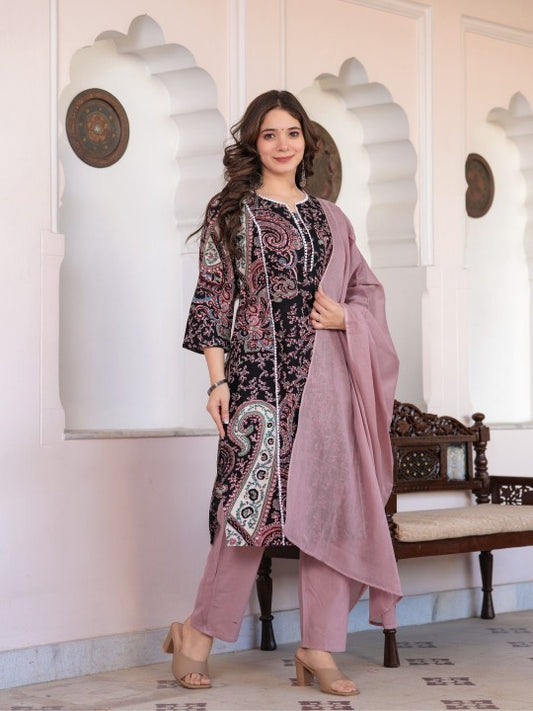 Floral Printed Pure Cotton Notch Neck Straight Kurta With Trousers And Dupatta