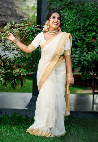 BilloRani Solid/Plain Kasavu Pure Cotton Saree (White)