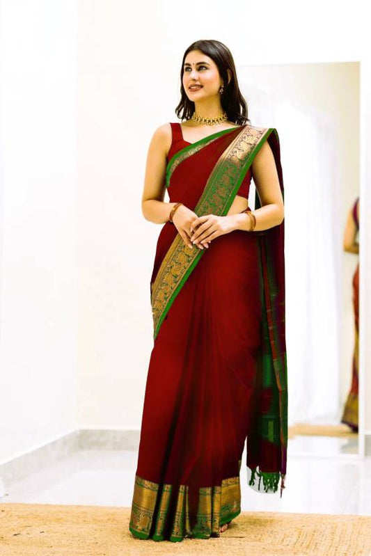 Self Design Kanjivaram Jacquard, Art Silk Saree  (Maroon, Green)