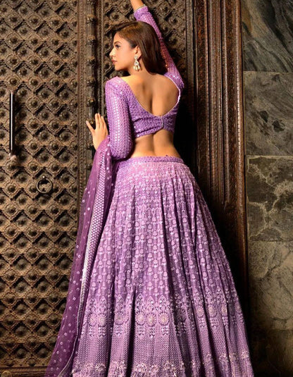 Purple Georgette Paper Mirror Work Wedding Lehenga Choli