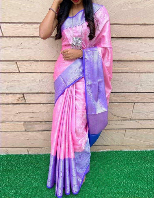 Light Pink Banarasi Silk Saree With Blue Blouse