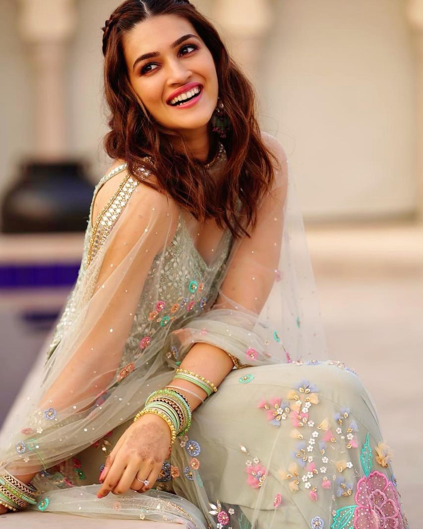 Grand look With Kriti Sanon Off White Color Party Wear Sharara Suit