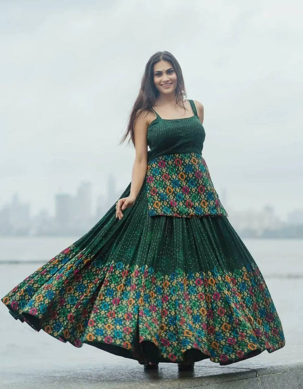 Green Georgette Digital Printed Partywear Lehenga 