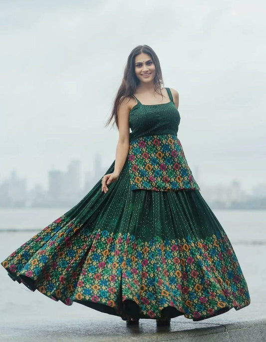 Green Georgette Digital Printed Partywear Lehenga 