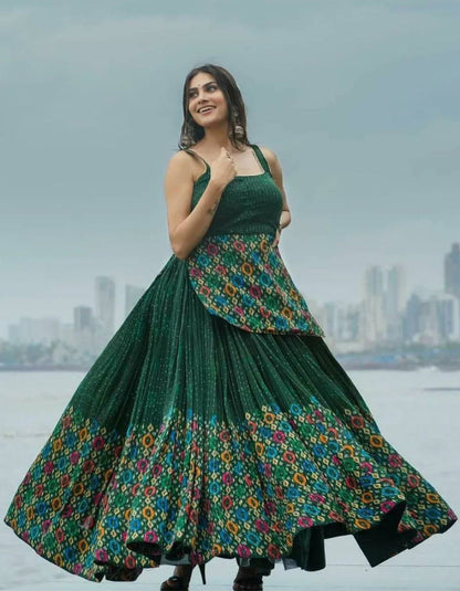 Green Georgette Digital Printed Partywear Lehenga