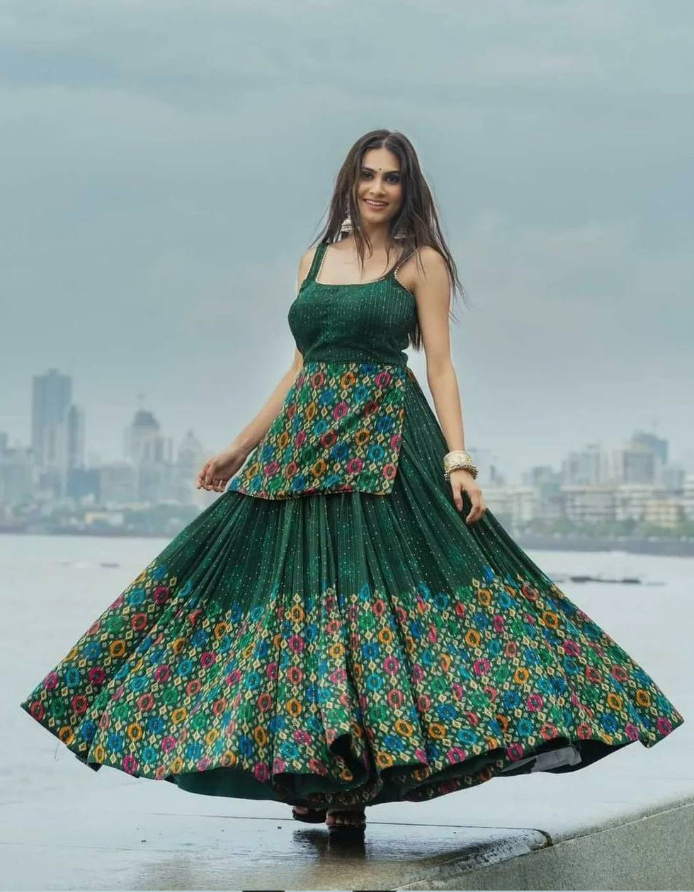 Green Georgette Digital Printed Partywear Lehenga