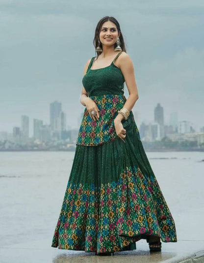 Green Georgette Digital Printed Partywear Lehenga