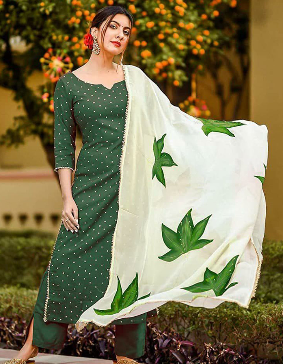 Green Rayon Casual Wear Salwar Suit With Printed Dupatta