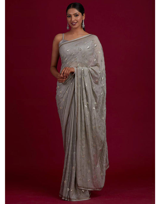 Grey Chinon Silk Embroidery Work Saree