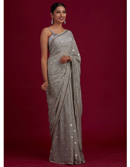 Grey Chinon Silk Embroidery Work Saree