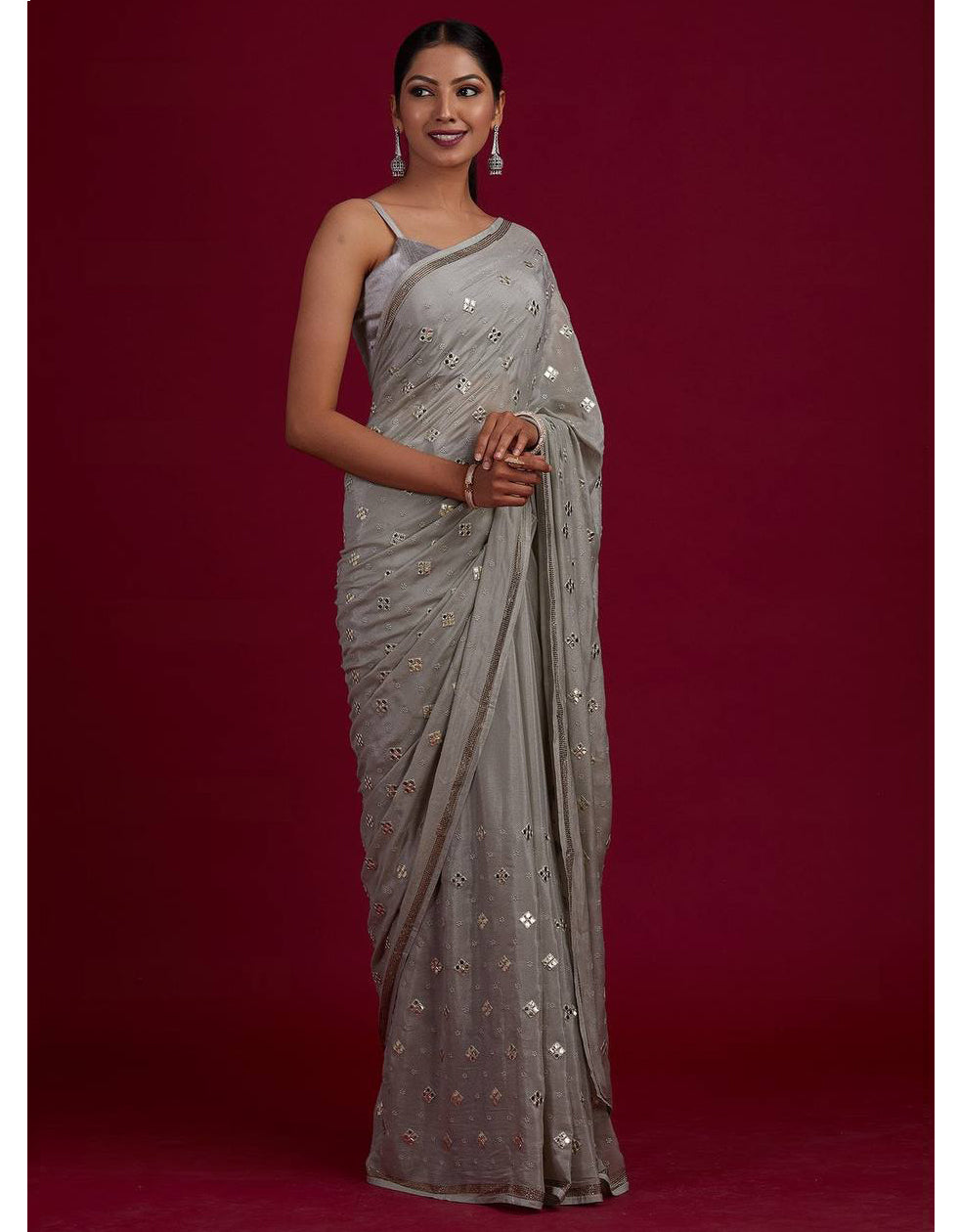 Grey Chinon Silk Embroidery Work Saree