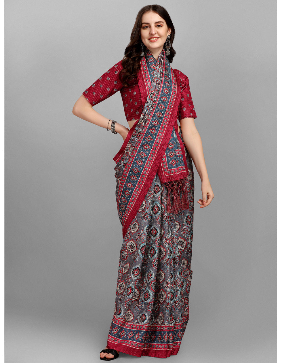 Grey Chinon Silk Embroidery Work Saree